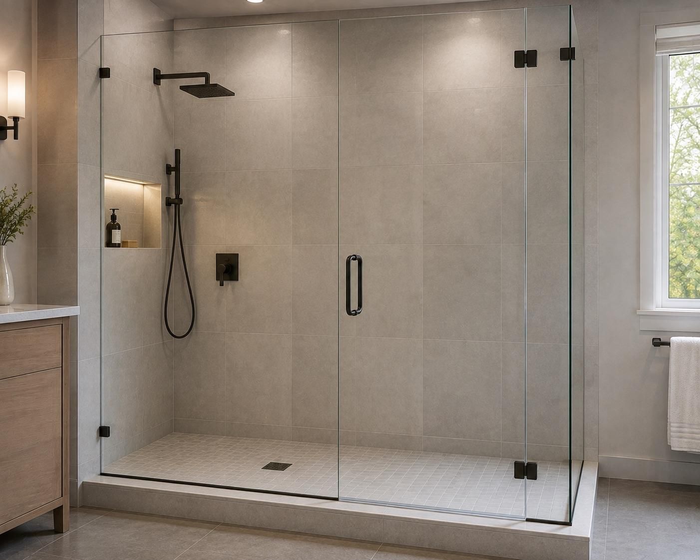 Frameless glass shower enclosure