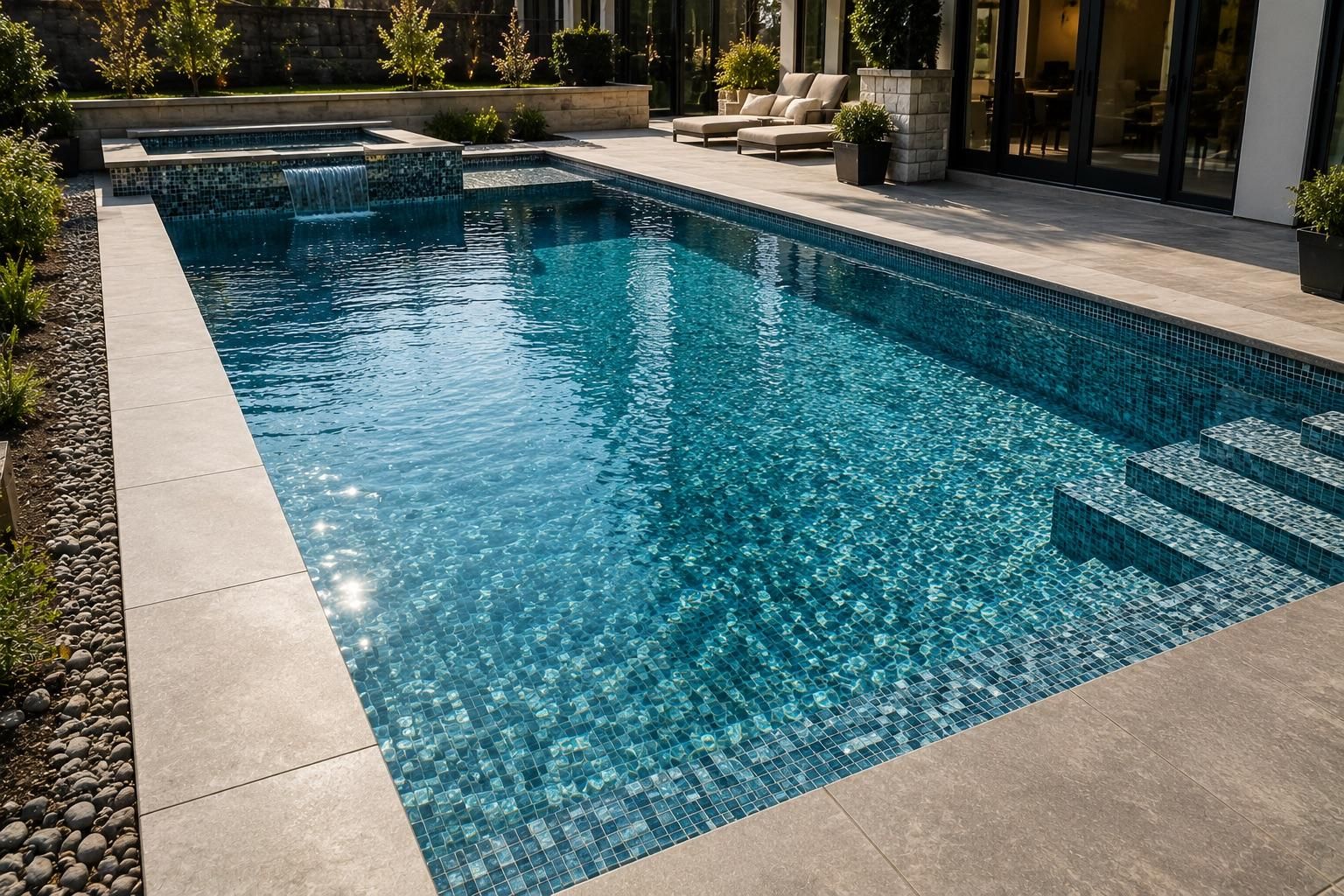 Finished pool with glass mosaic tile